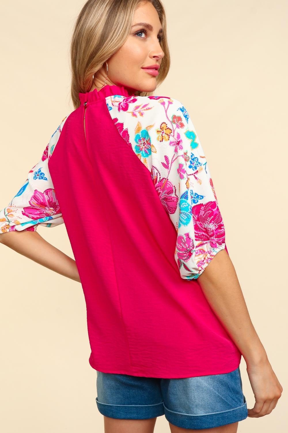 Haptics Frill Mock Neck Half Sleeve Blouse - Top - Fuchsia/Ivory - Bella Bourget