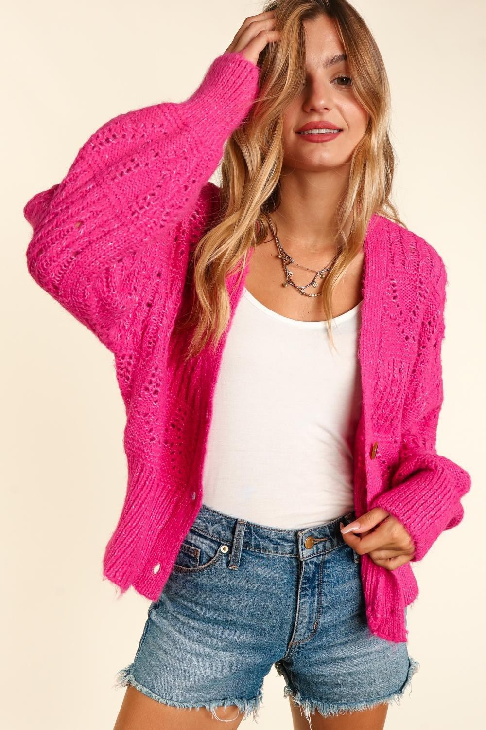 Haptics Full Size Button Down Crop Long Sleeve Cardigan - Full Size Sweater - Fuchsia - Bella Bourget