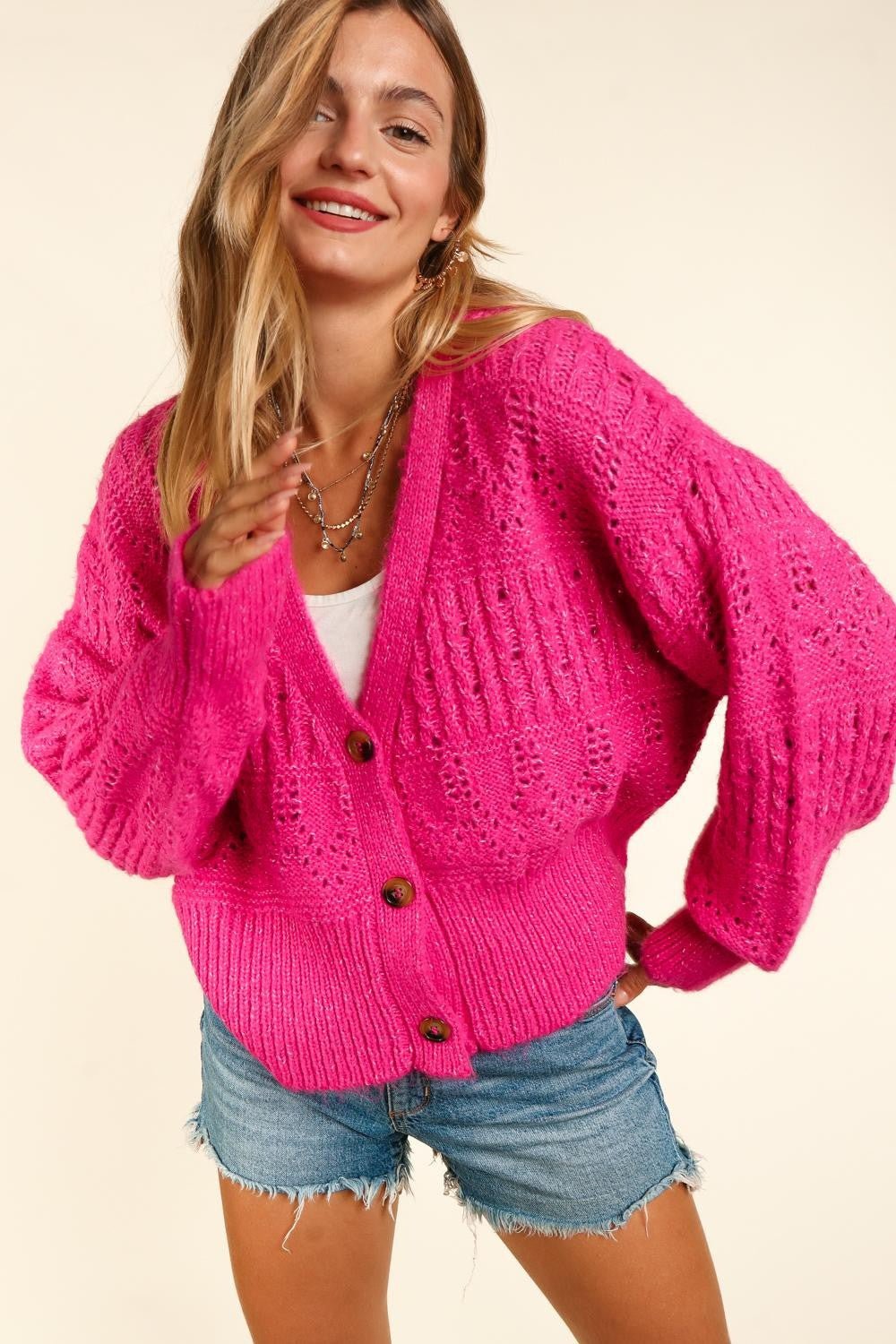 Haptics Full Size Button Down Crop Long Sleeve Cardigan - Full Size Sweater - Fuchsia - Bella Bourget