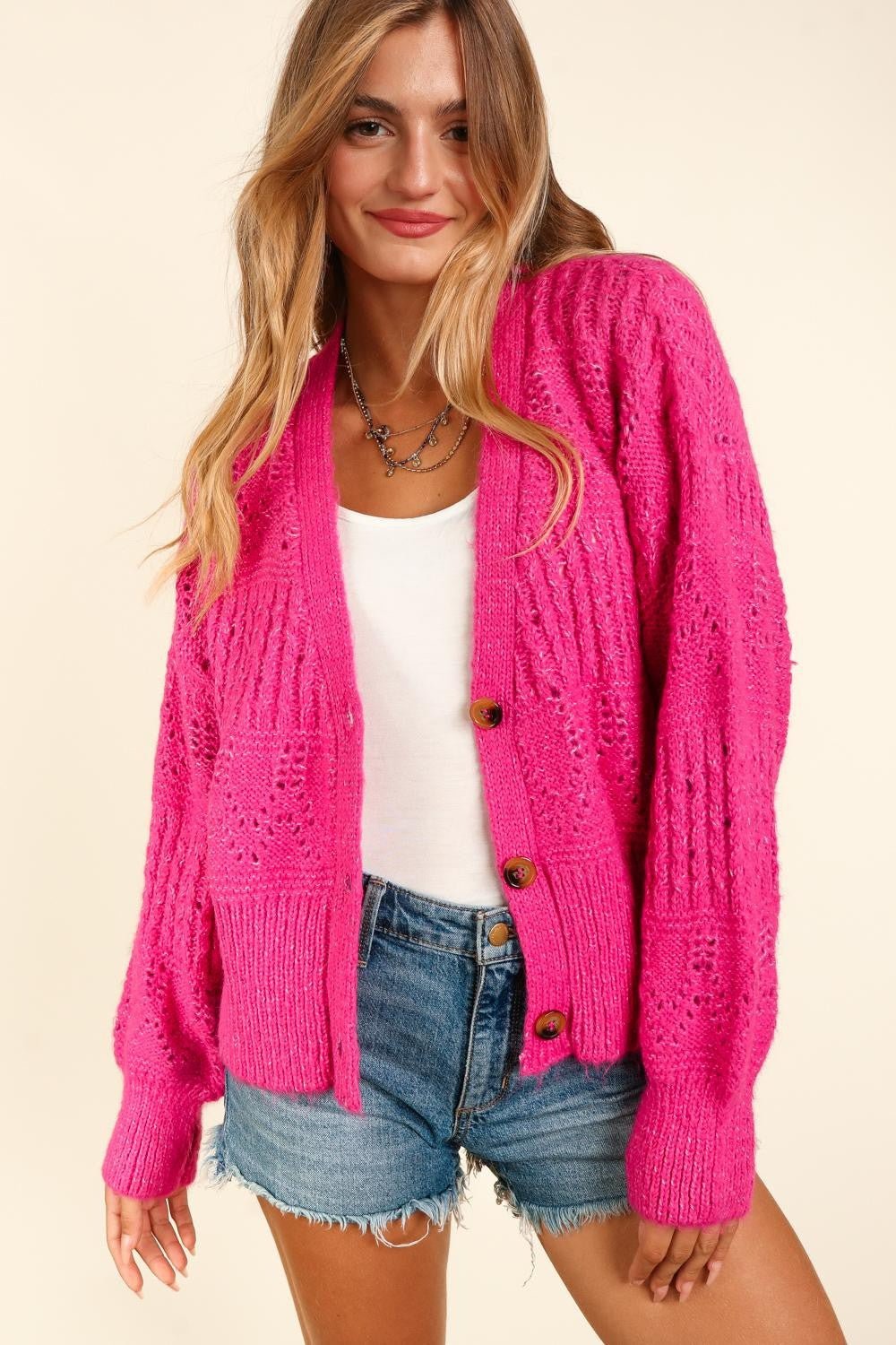 Haptics Full Size Button Down Crop Long Sleeve Cardigan - Full Size Sweater - Fuchsia - Bella Bourget