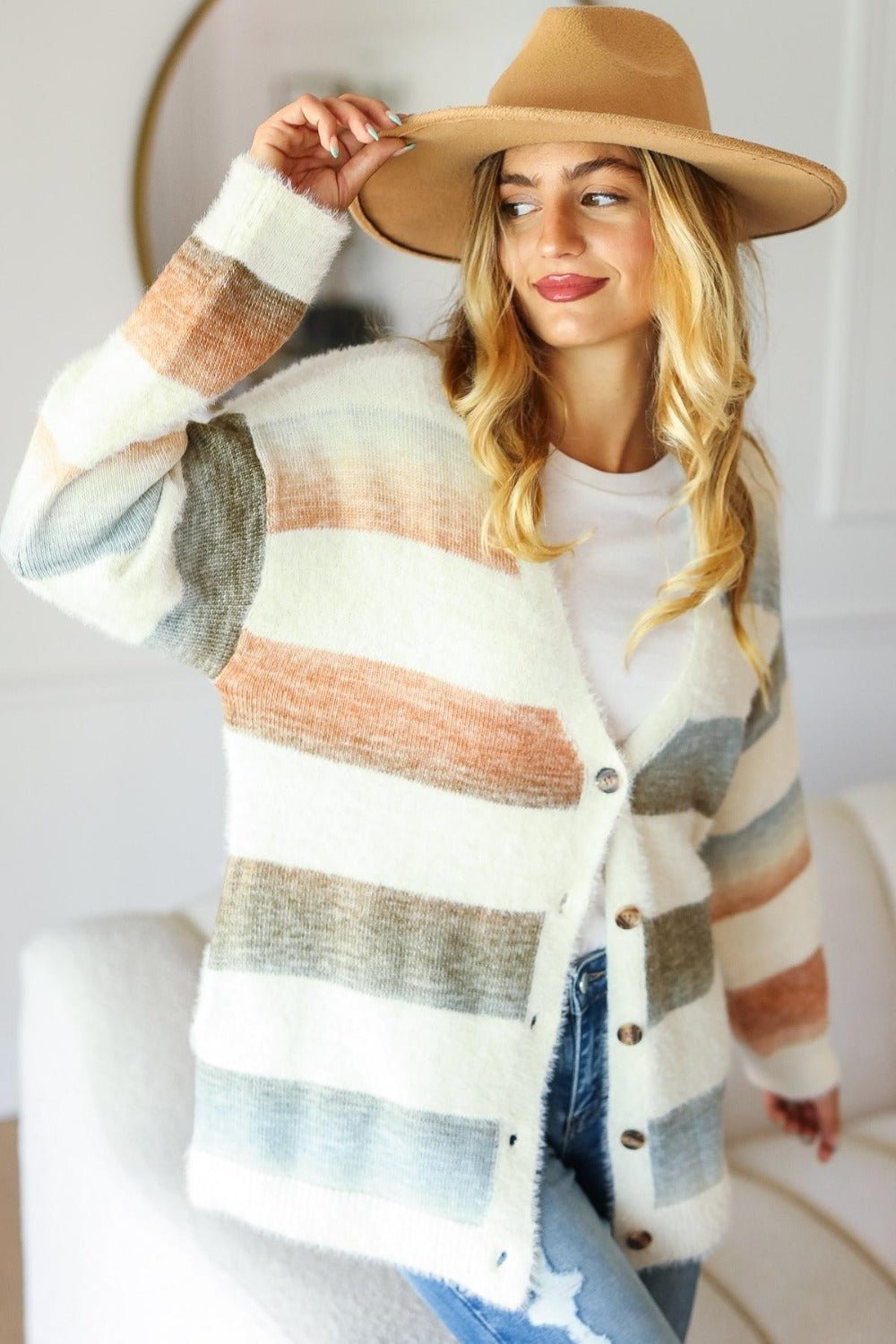 Haptics Full Size Button Down Stripe Soft Fuzzy Sweater Cardigan - Cardigan - Ivory/Rust/Olive - Bella Bourget