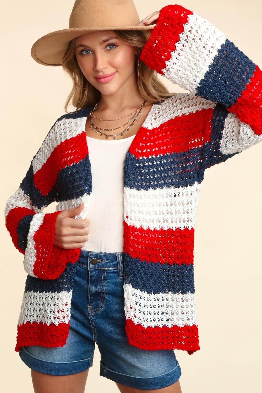 Haptics Full Size Open Front Long Sleeve Stripe Cardigan - Full Size Sweater - Navy/White/Red - Bella Bourget