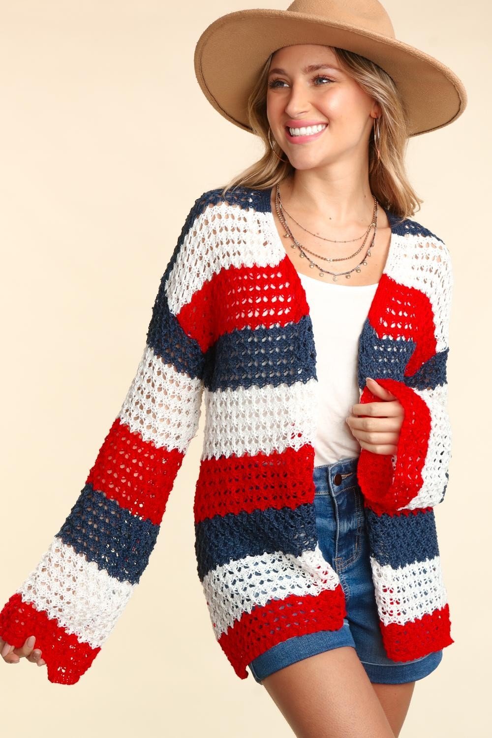 Haptics Full Size Open Front Long Sleeve Stripe Cardigan - Full Size Sweater - Navy/White/Red - Bella Bourget