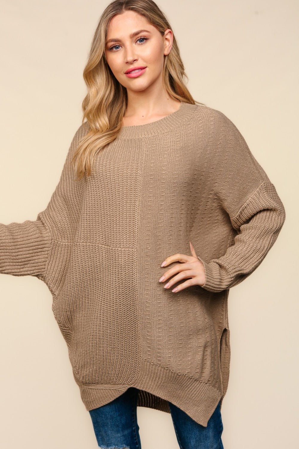 Haptics Full Size Side Slit Texture Asymmetric Sweater - Sweater - Taupe - Bella Bourget