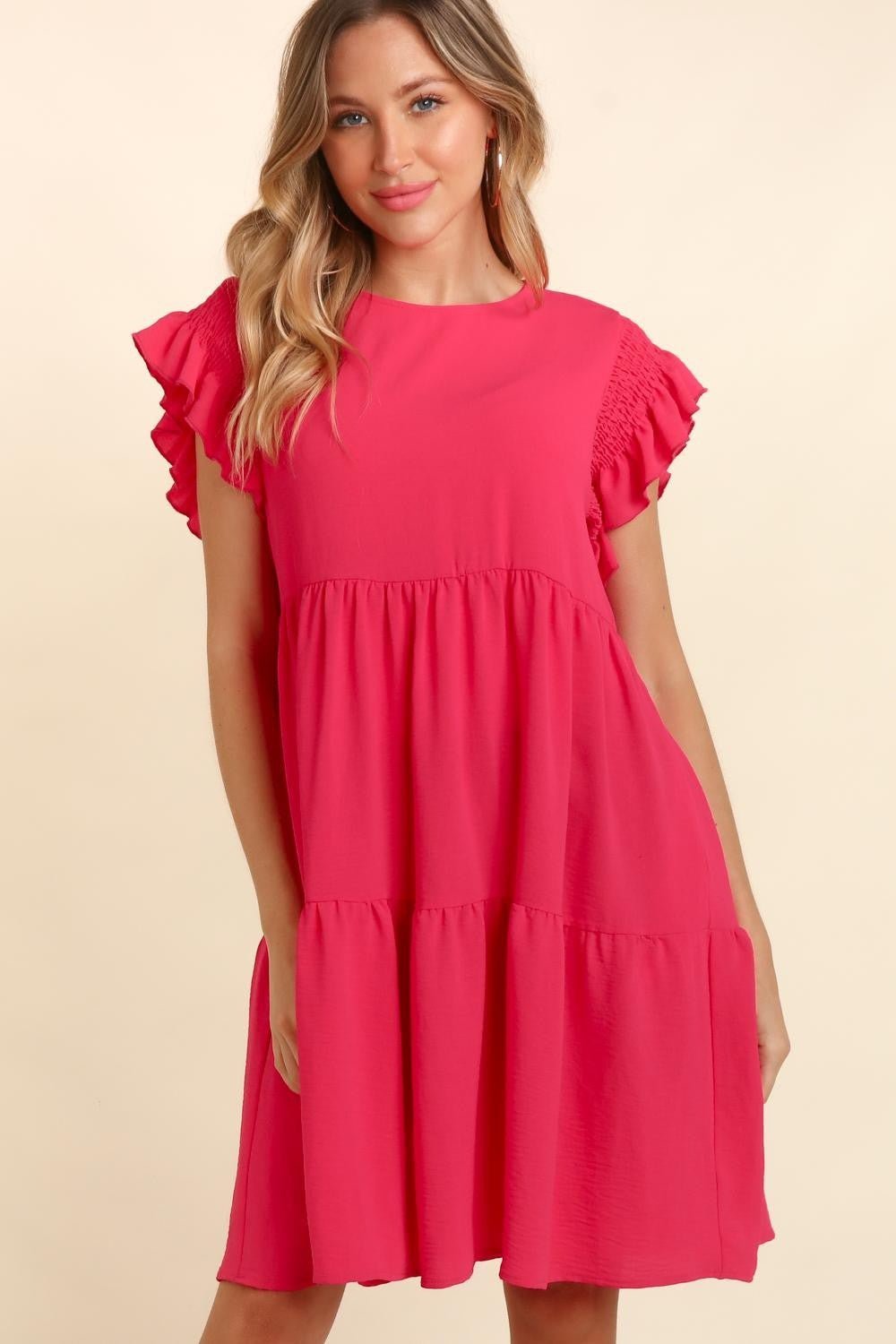 Haptics Full Size Smocking Ruffle Short Sleeve Dress with Pockets - Full Size Day Dress - Fuchsia - Bella Bourget