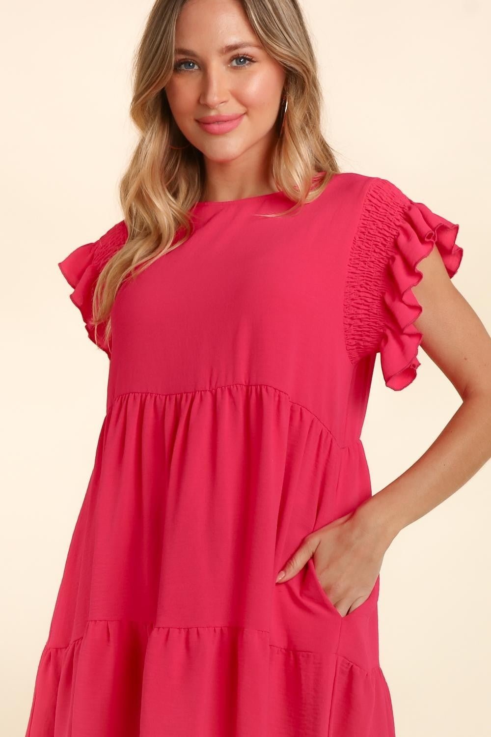 Haptics Full Size Smocking Ruffle Short Sleeve Dress with Pockets - Full Size Day Dress - Fuchsia - Bella Bourget