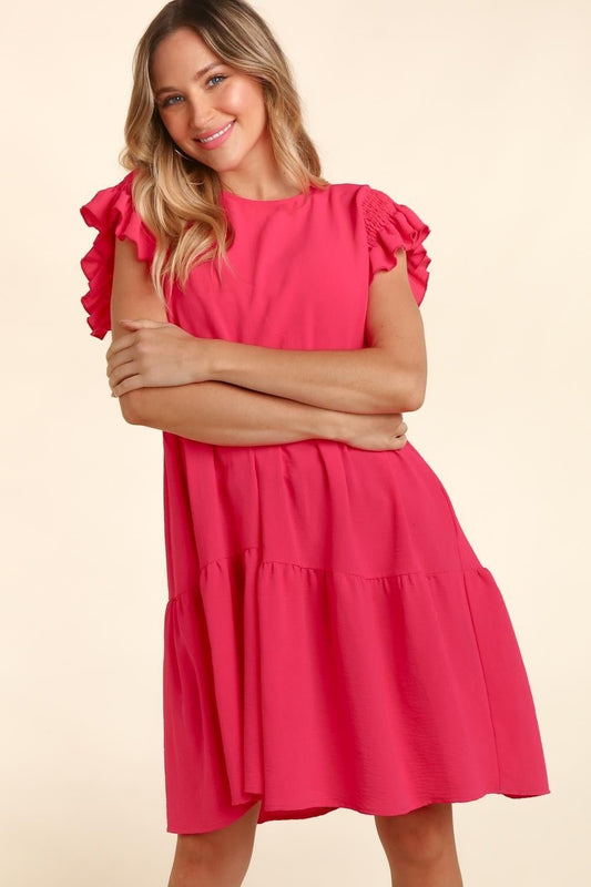 Haptics Full Size Smocking Ruffle Short Sleeve Dress with Pockets - Full Size Day Dress - Fuchsia - Bella Bourget
