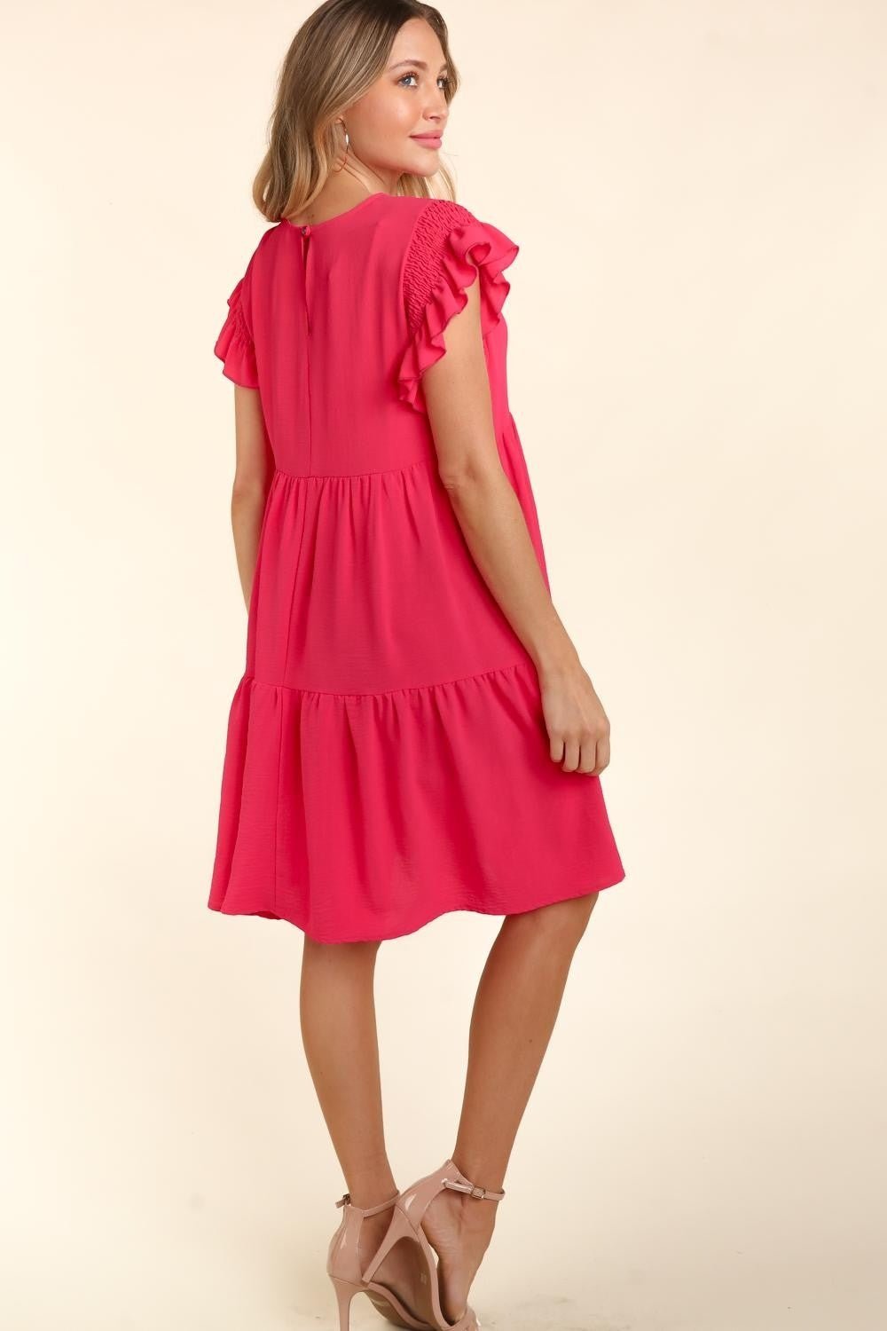 Haptics Full Size Smocking Ruffle Short Sleeve Dress with Pockets - Full Size Day Dress - Fuchsia - Bella Bourget