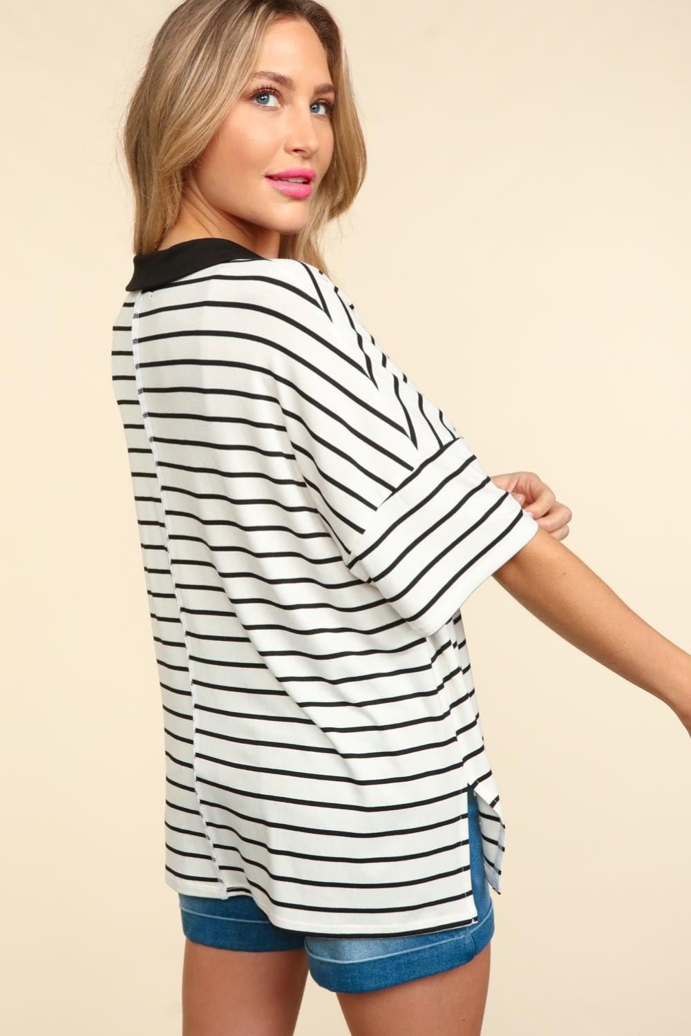 Haptics Full Size Striped Dropped Shoulder Half Sleeve T - Shirt - Top - Off White/Black - Bella Bourget