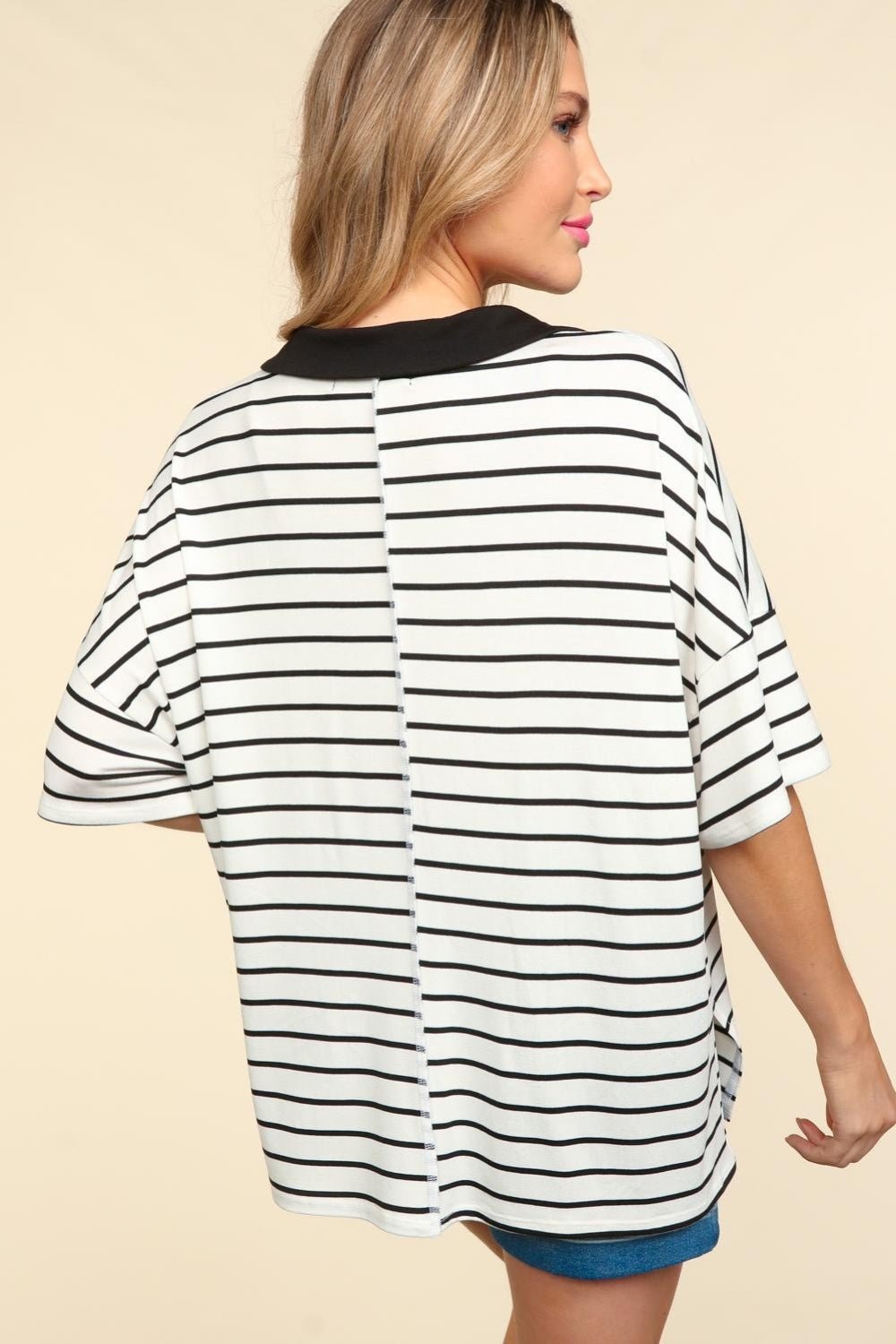 Haptics Full Size Striped Dropped Shoulder Half Sleeve T - Shirt - Top - Off White/Black - Bella Bourget