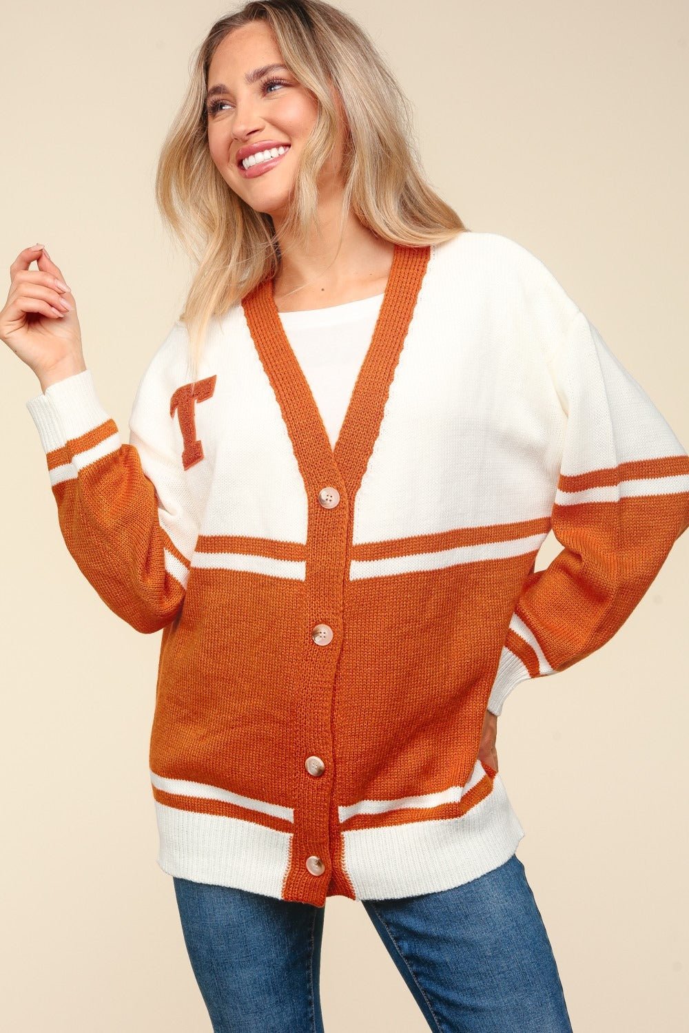 Haptics Full Size V Neck Button Down Letter Patch Cardigan - Cardigan - Burnt Orange - Bella Bourget