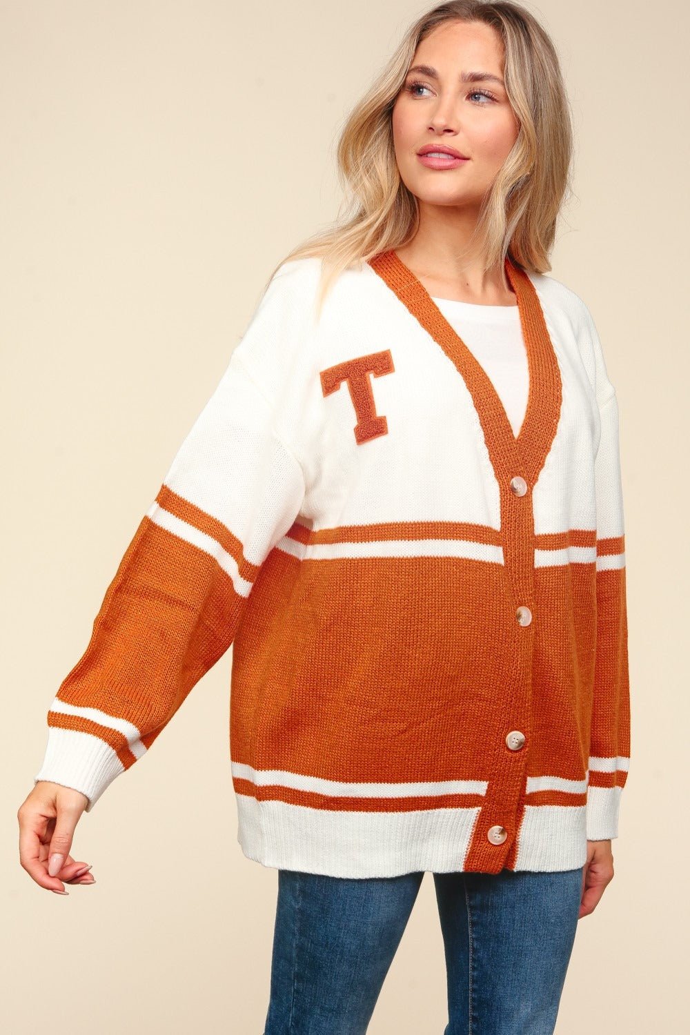 Haptics Full Size V Neck Button Down Letter Patch Cardigan - Cardigan - Burnt Orange - Bella Bourget