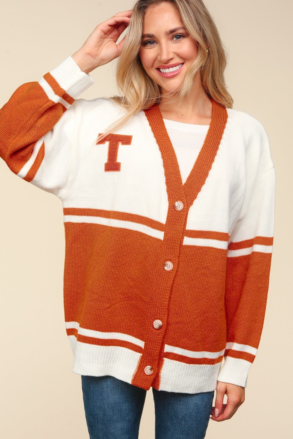 Haptics Full Size V Neck Button Down Letter Patch Cardigan - Cardigan - Burnt Orange - Bella Bourget