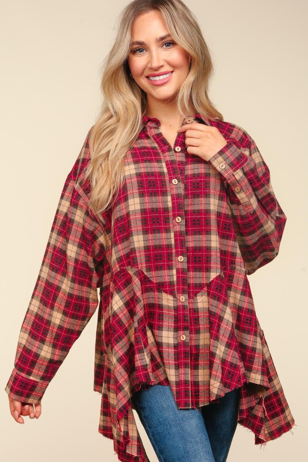 Haptics Plaid Button Down Shark bite Shirt - T-Shirt - Burgundy/Taupe - Bella Bourget