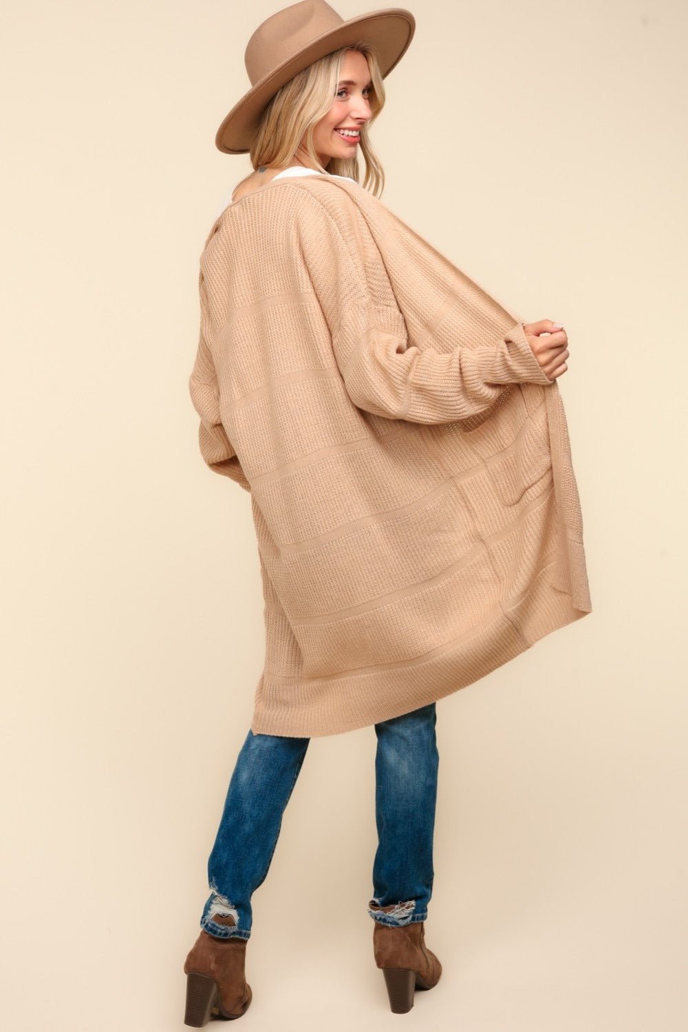 Haptics Stripe Textured Open Front Cardigan with Pockets - Cardigan - Taupe - Bella Bourget