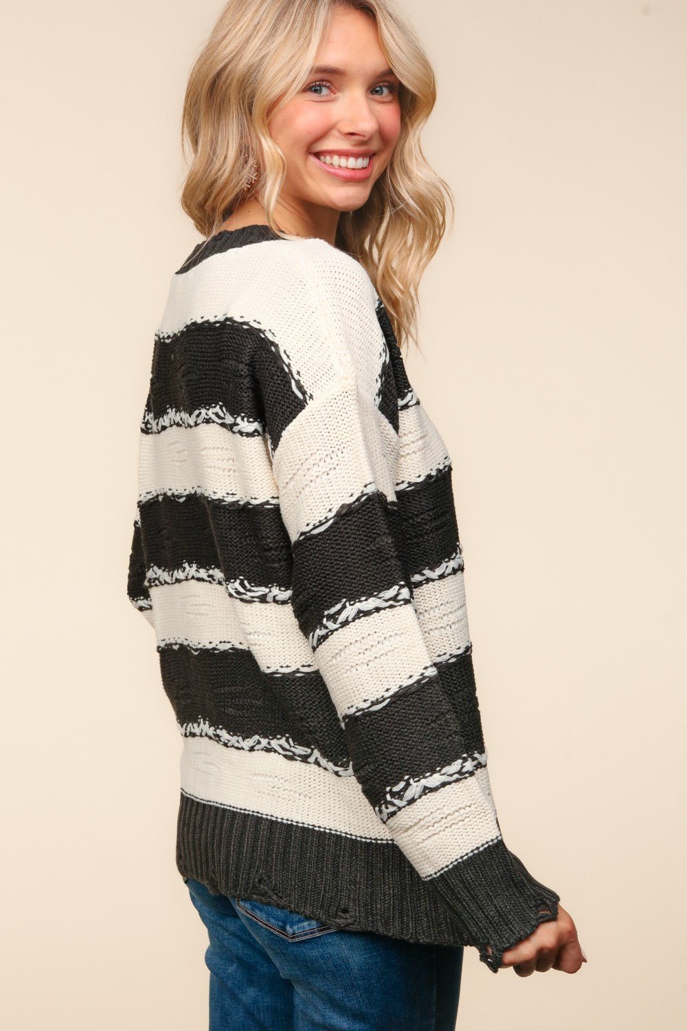 Haptics Striped Contrast Distressed Sweater - Sweater - Charcoal/Ivory - Bella Bourget