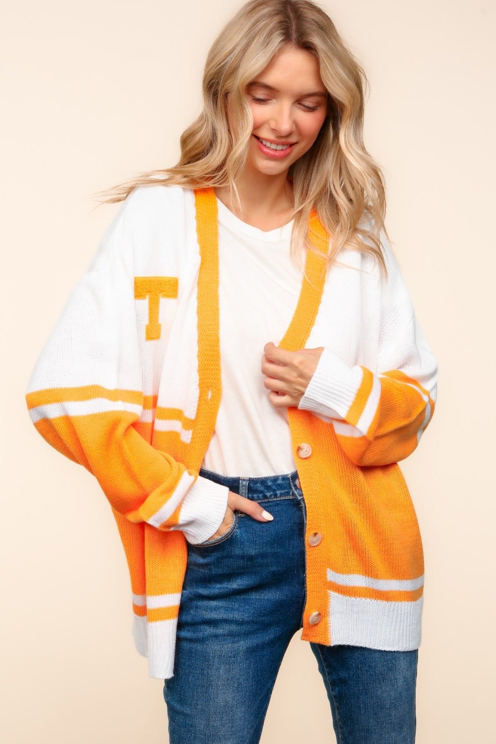 Haptics V Neck Button Down Letter Patch Cardigan - Cardigan - Orange - Bella Bourget