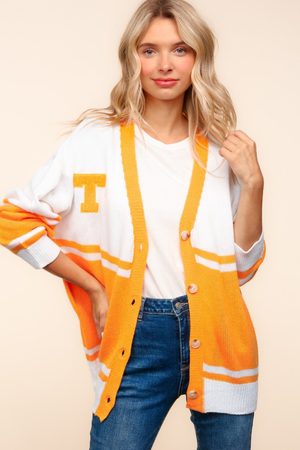 Haptics V Neck Button Down Letter Patch Cardigan - Cardigan - Orange - Bella Bourget