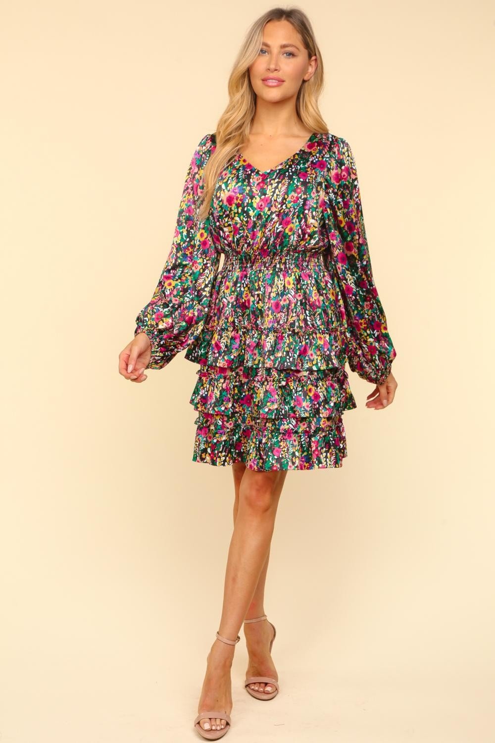 Haptics V - Neck Satin Floral Layered Dress - dress - Multi - Bella Bourget