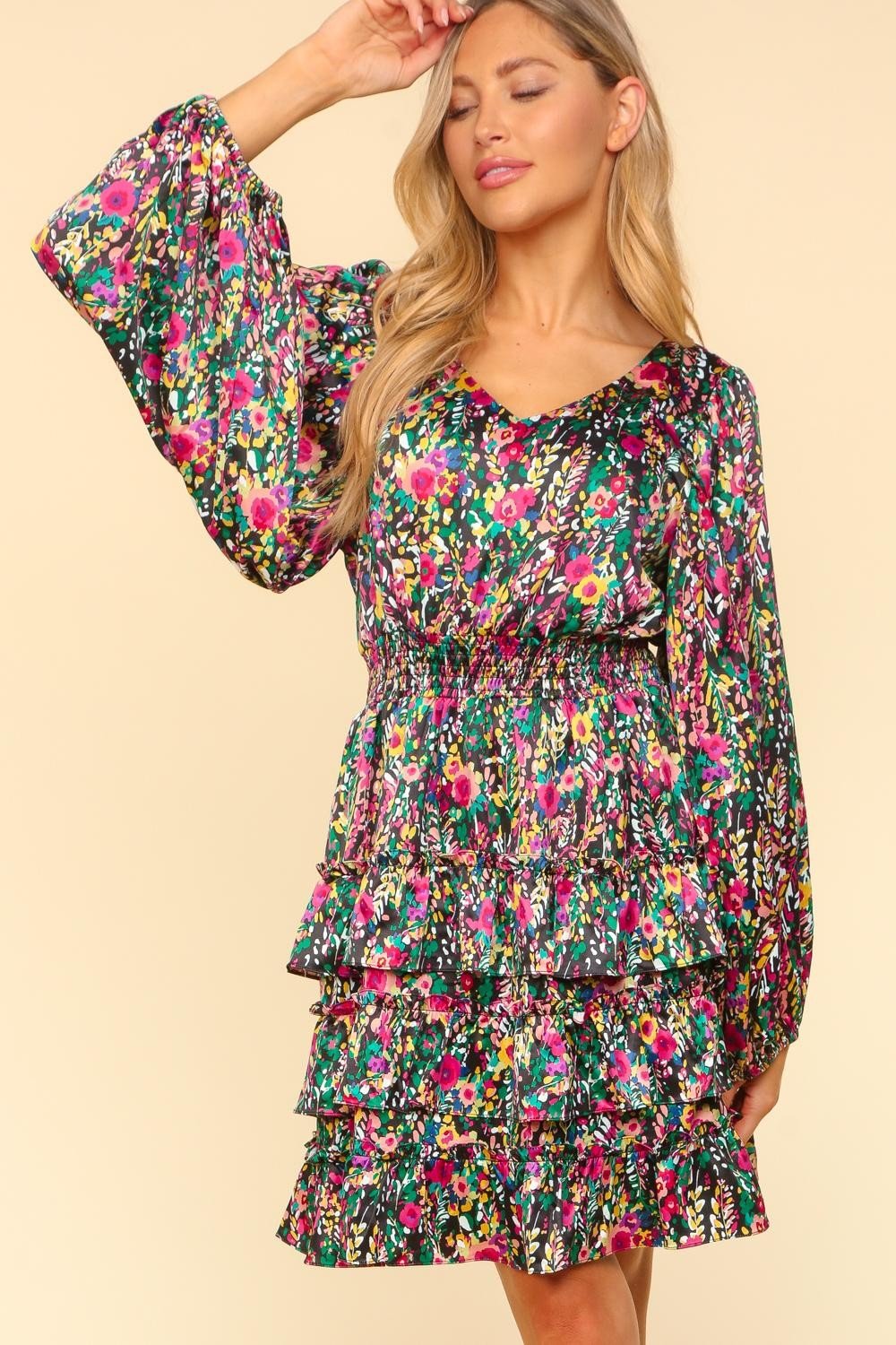 Haptics V - Neck Satin Floral Layered Dress - dress - Multi - Bella Bourget