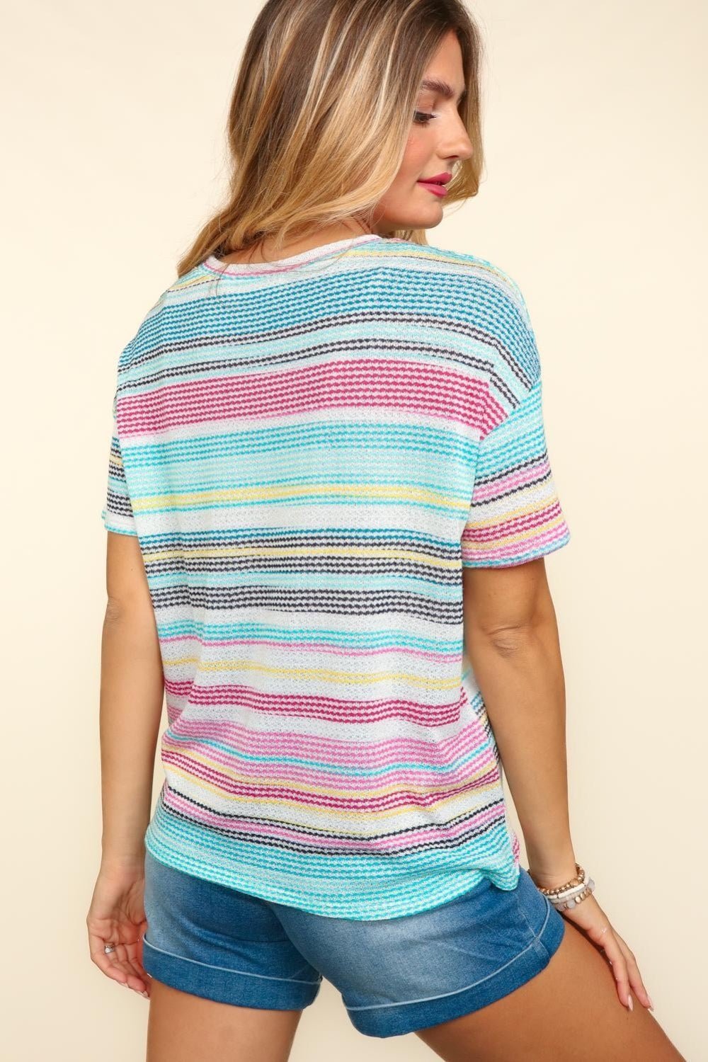 Haptics Waffle Stripe Short Sleeve T - Shirt - T - Shirt - Mint/Fuchsia - Bella Bourget