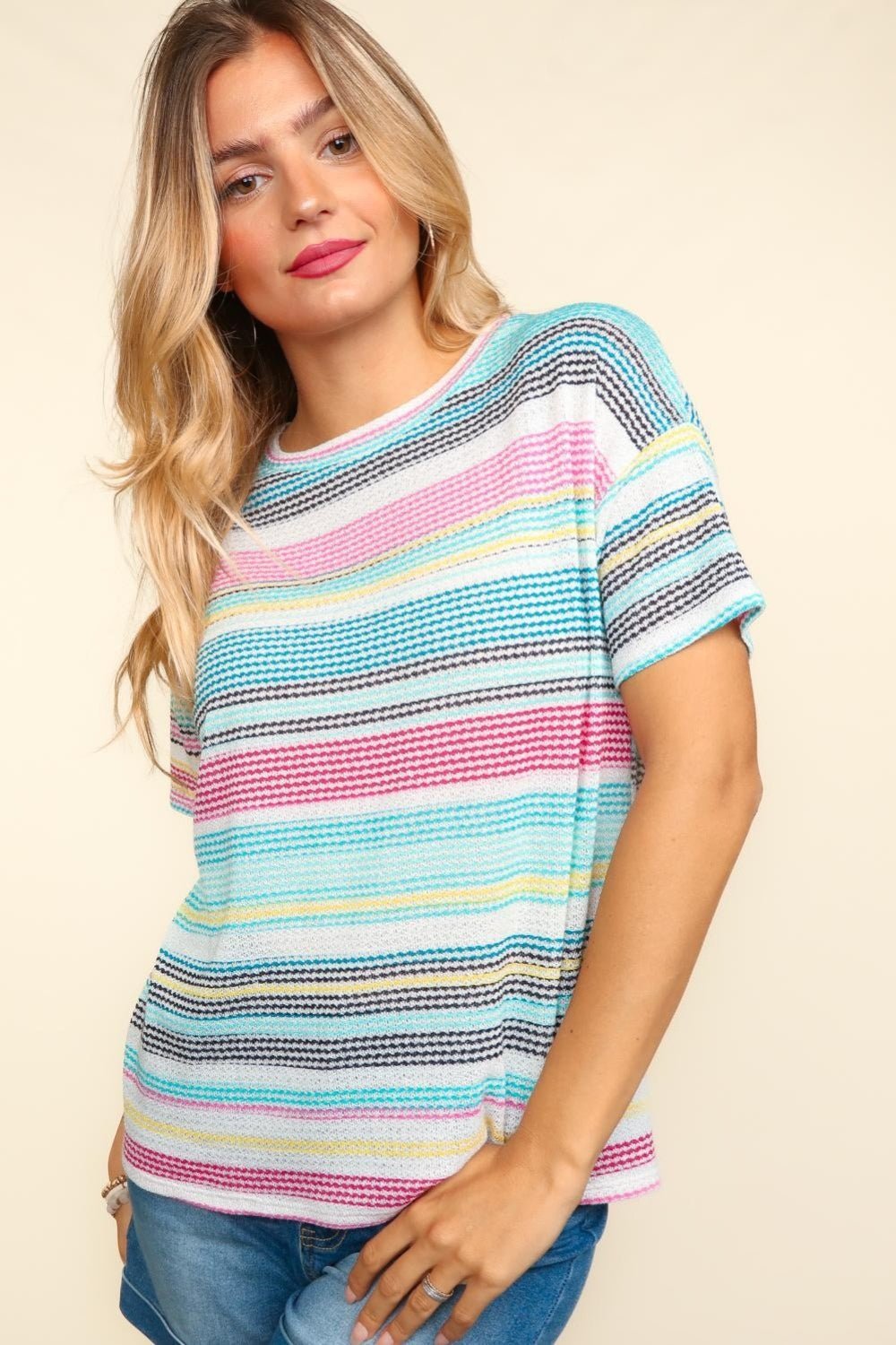 Haptics Waffle Stripe Short Sleeve T - Shirt - T - Shirt - Mint/Fuchsia - Bella Bourget