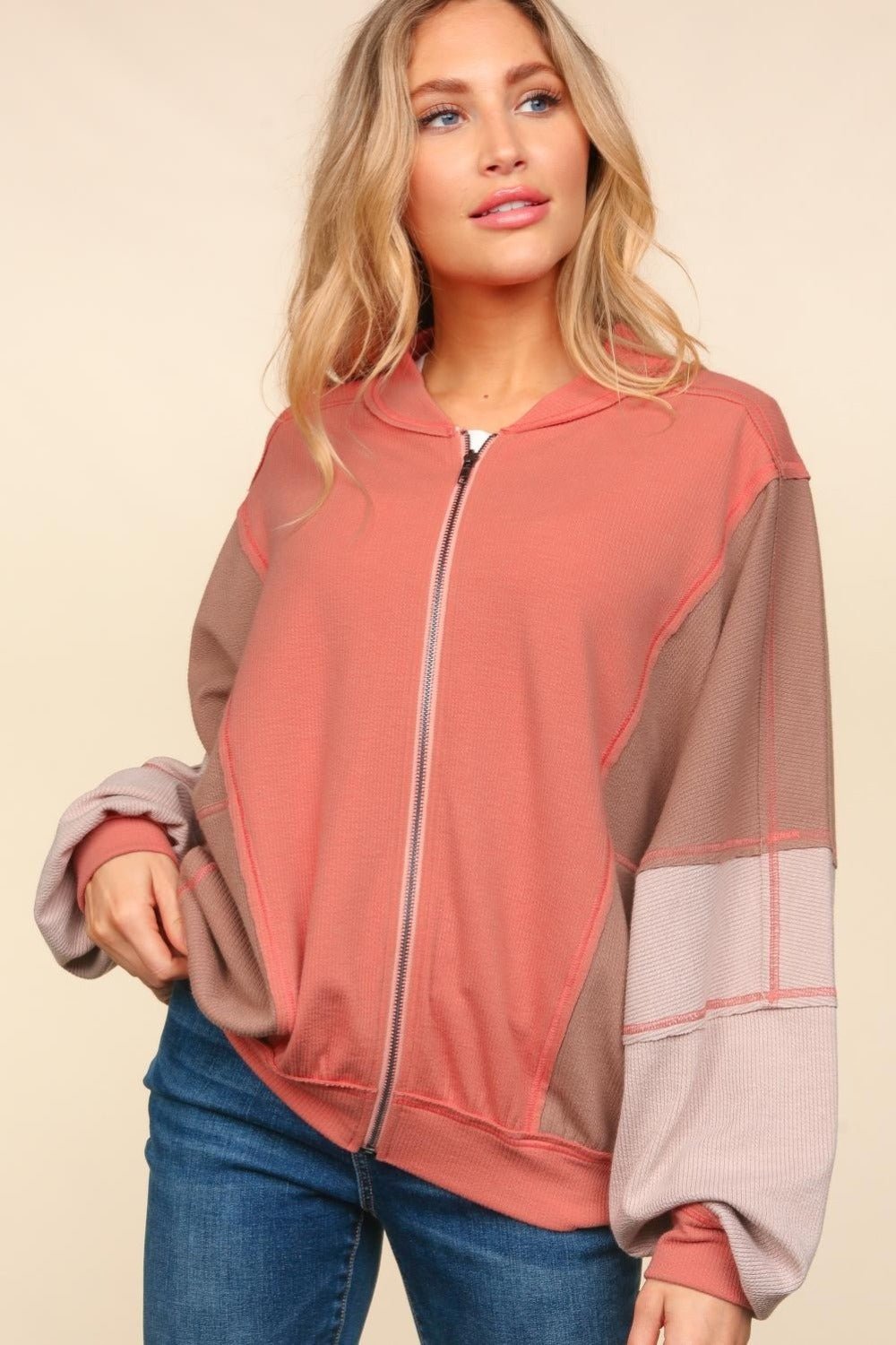 Haptics Zip Up Color Block Sweatshirt with Side Pockets - Sweatshirt - Sienna/Camel/Sand - Bella Bourget