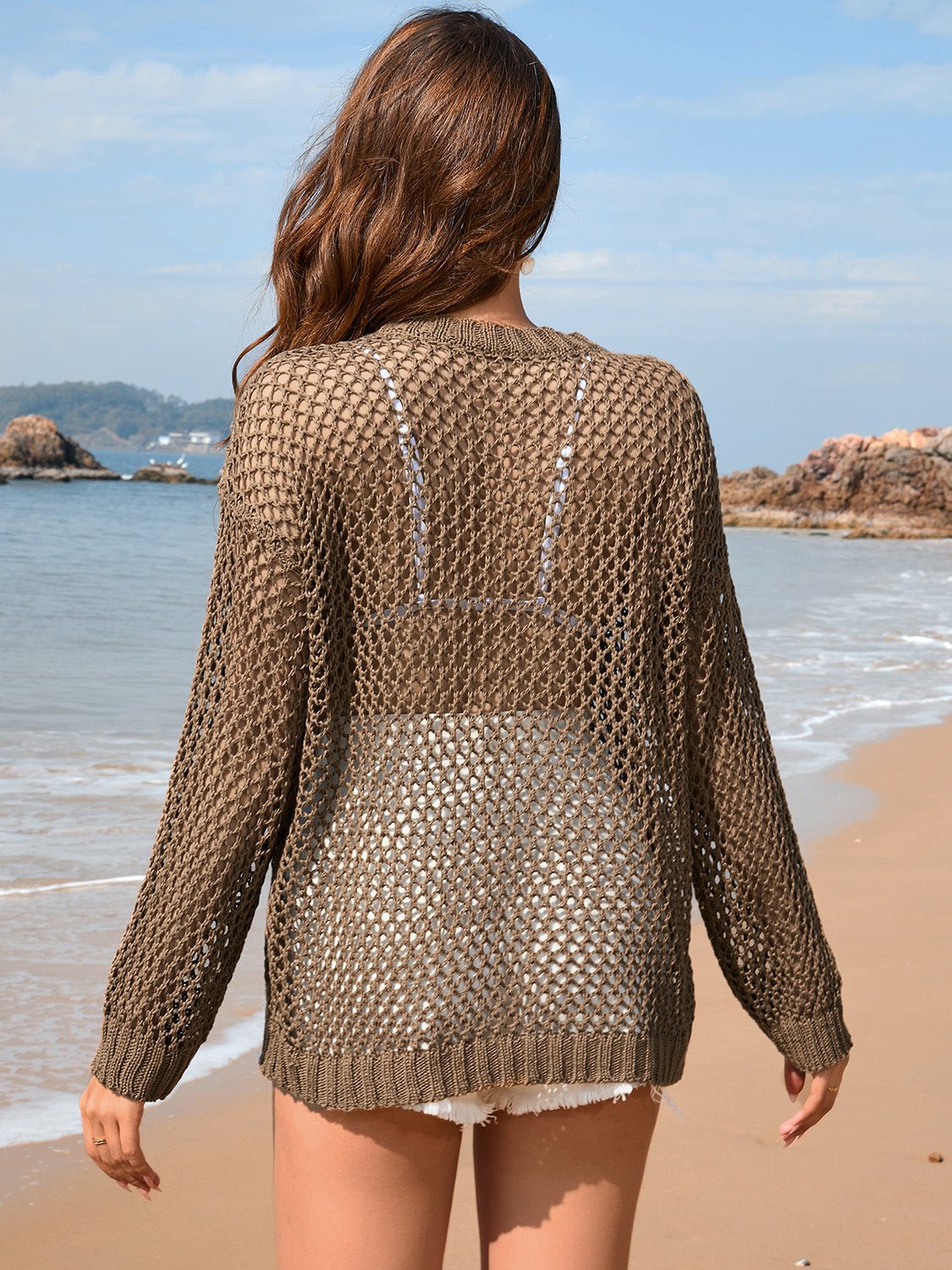 Heart Openwork Long Sleeve Cover - Up - Cover - Up - Taupe - Bella Bourget