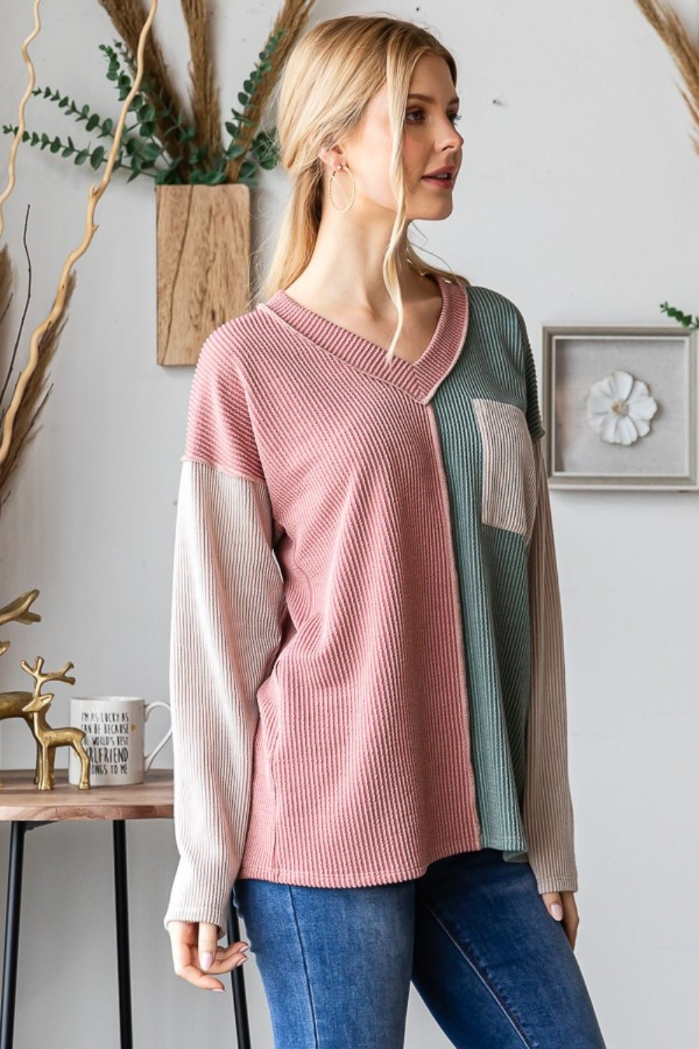 Heimish Color Block Exposed Seam Ribbed T-Shirt - Blouse - Mauve - Bella Bourget