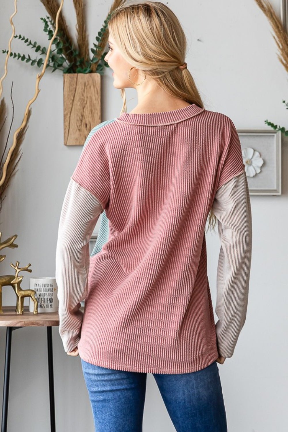 Heimish Color Block Exposed Seam Ribbed T-Shirt - Blouse - Mauve - Bella Bourget