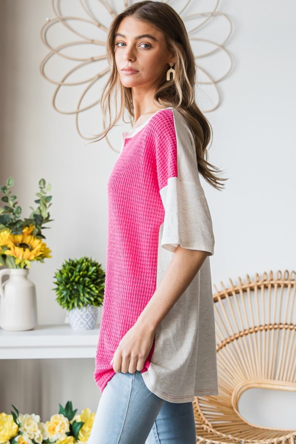 Heimish Full Size Contrast Waffle - Knit Half Sleeve Blouse - Top - Fuchsia - Bella Bourget