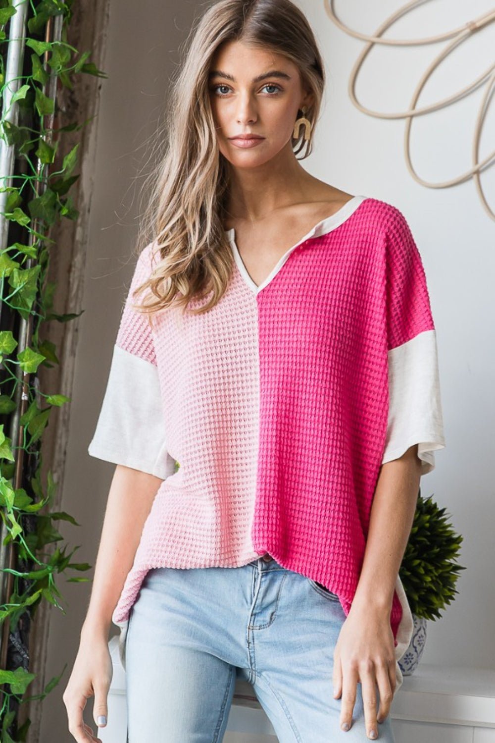 Heimish Full Size Contrast Waffle - Knit Half Sleeve Blouse - Top - Fuchsia - Bella Bourget