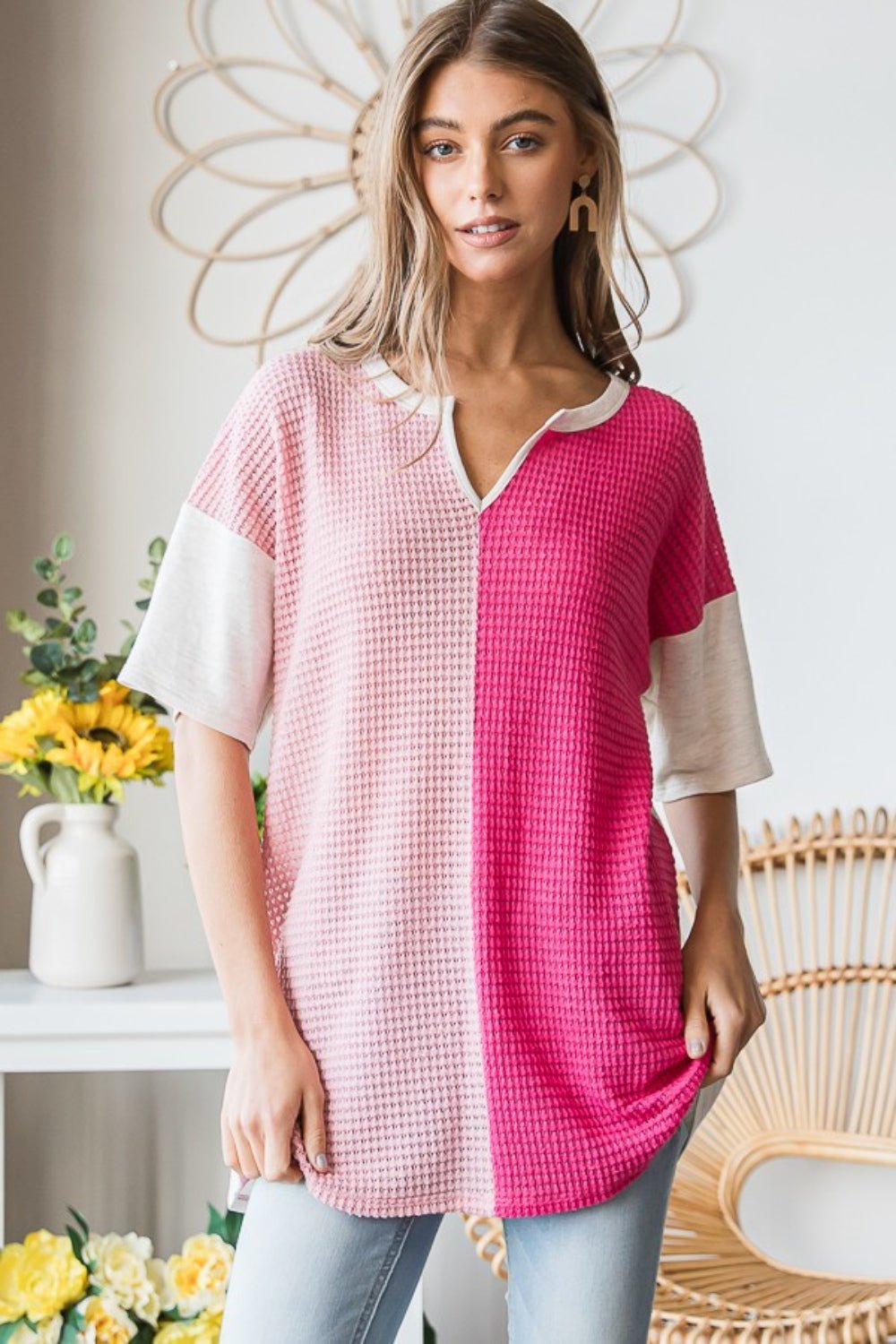 Heimish Full Size Contrast Waffle - Knit Half Sleeve Blouse - Top - Fuchsia - Bella Bourget