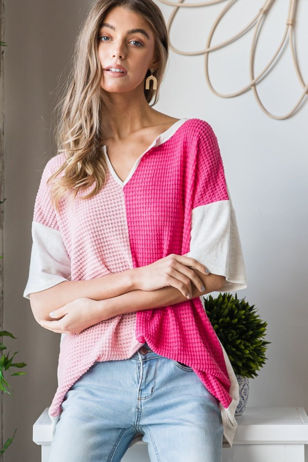 Heimish Full Size Contrast Waffle - Knit Half Sleeve Blouse - Top - Fuchsia - Bella Bourget