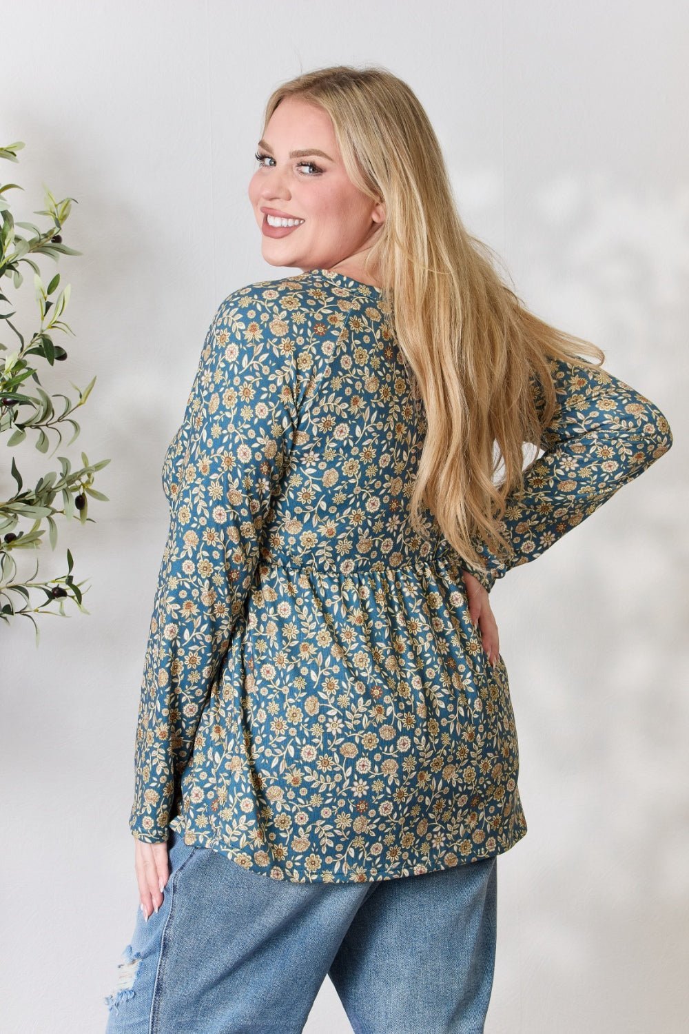 Heimish Full Size Floral Half Button Long Sleeve Blouse - Top - Dusty Teal Multi - Bella Bourget