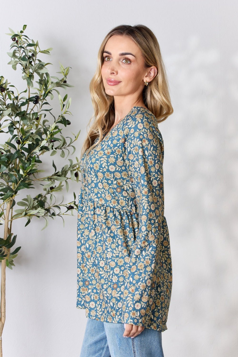 Heimish Full Size Floral Half Button Long Sleeve Blouse - Top - Dusty Teal Multi - Bella Bourget