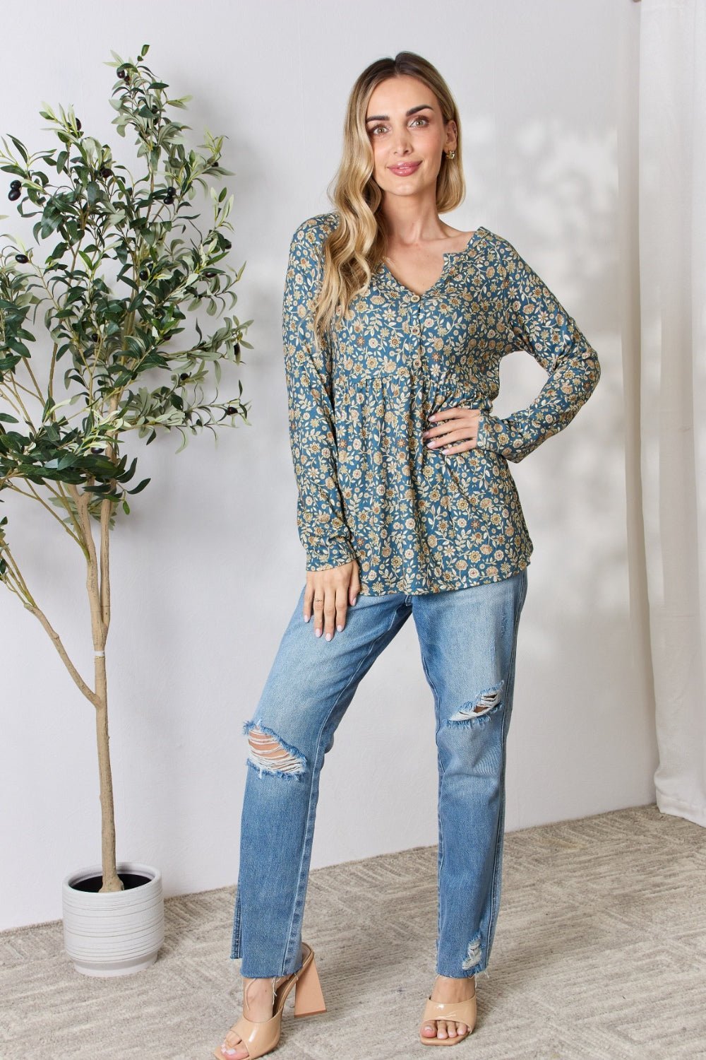 Heimish Full Size Floral Half Button Long Sleeve Blouse - Top - Dusty Teal Multi - Bella Bourget