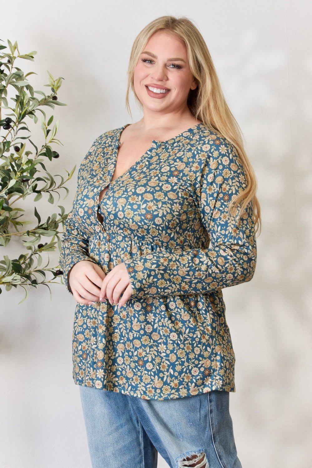 Heimish Full Size Floral Half Button Long Sleeve Blouse - Top - Dusty Teal Multi - Bella Bourget