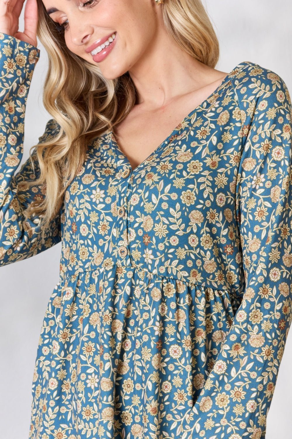 Heimish Full Size Floral Half Button Long Sleeve Blouse - Top - Dusty Teal Multi - Bella Bourget