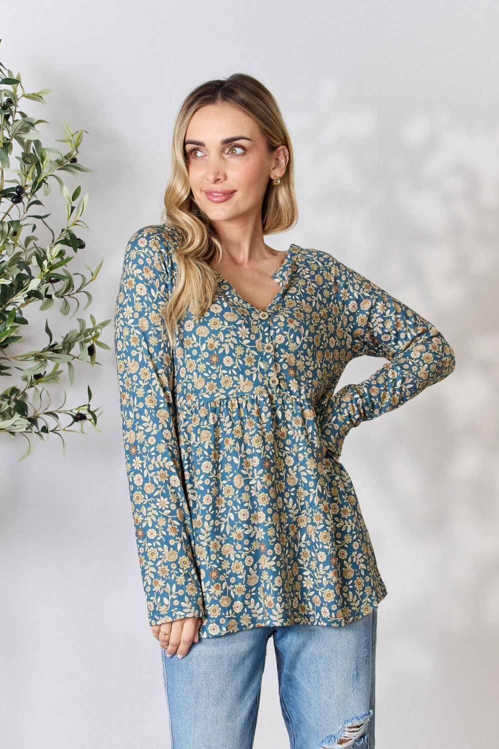 Heimish Full Size Floral Half Button Long Sleeve Blouse - Top - Dusty Teal Multi - Bella Bourget