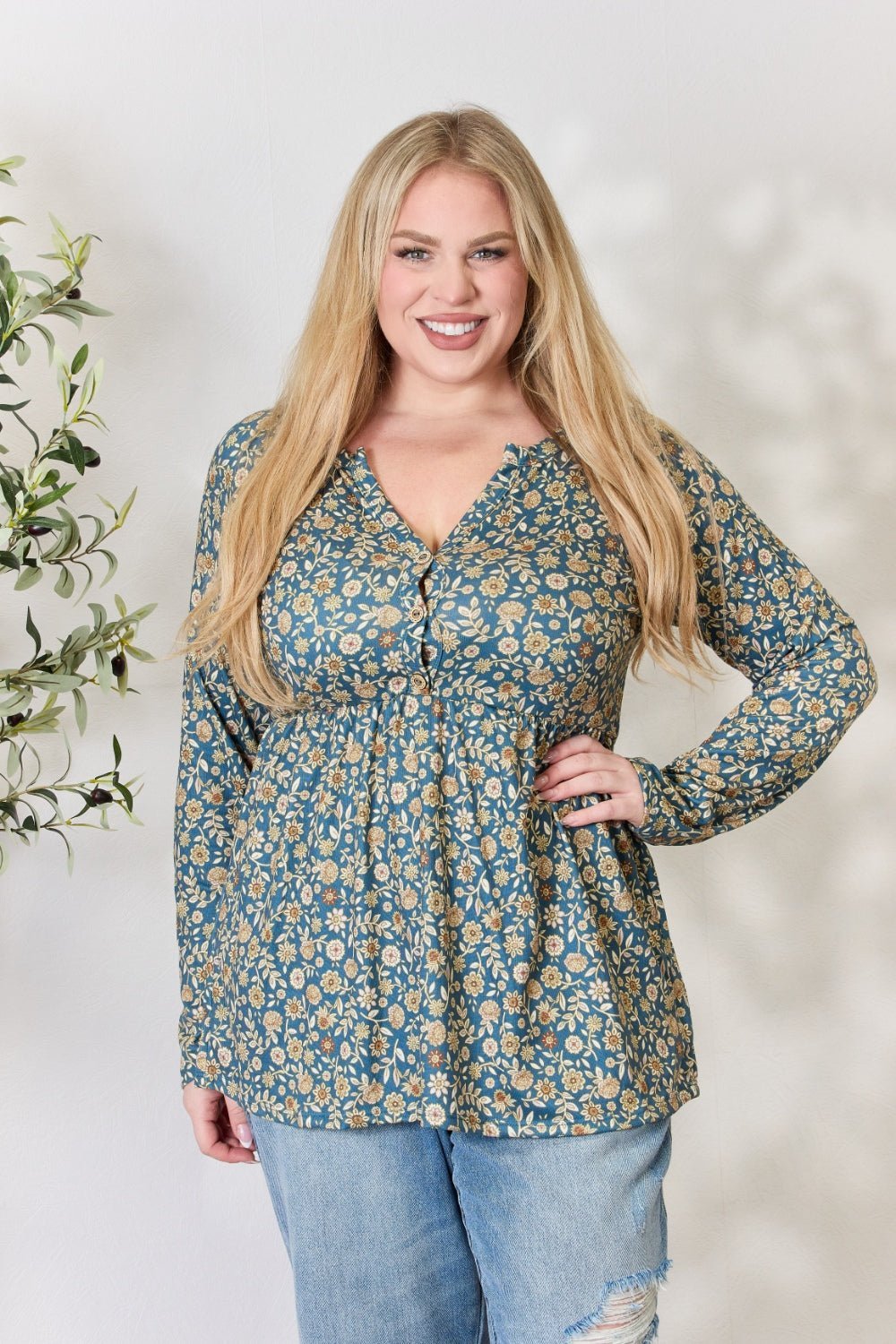 Heimish Full Size Floral Half Button Long Sleeve Blouse - Top - Dusty Teal Multi - Bella Bourget