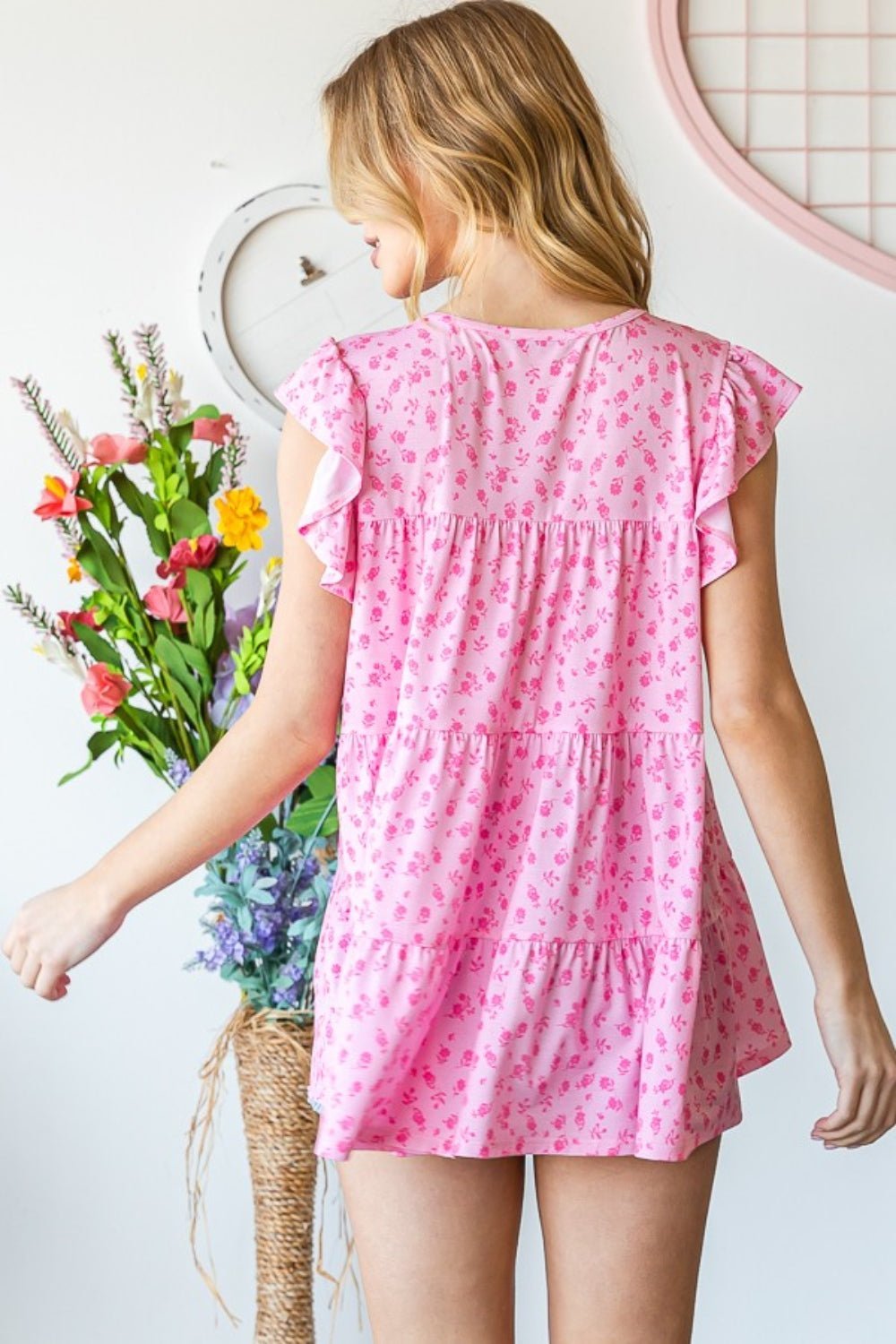 Heimish Full Size Floral Ruffled Tiered Top - Top - Pink - Bella Bourget