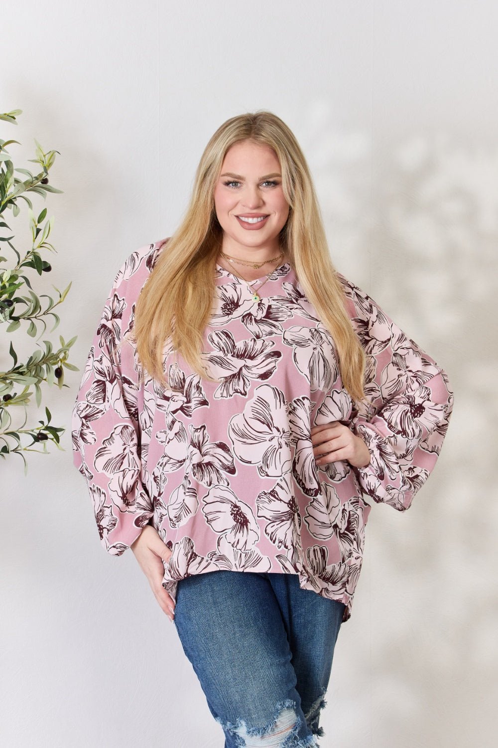 Heimish Full Size Floral V - Neck Balloon Sleeve Blouse - Top - Mauve - Bella Bourget