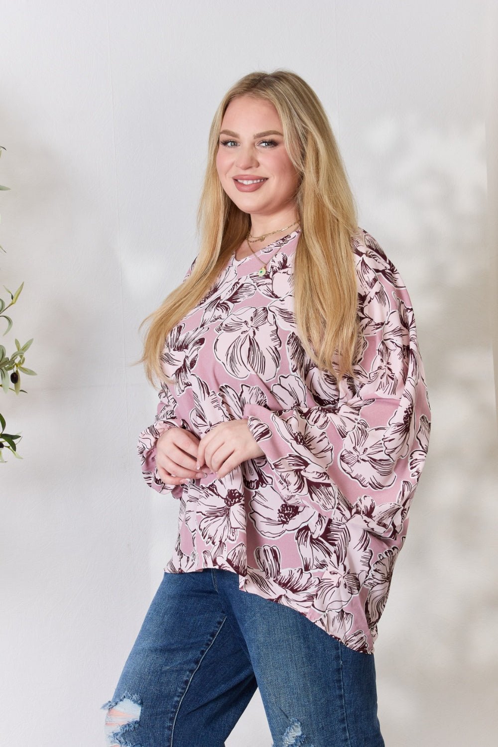 Heimish Full Size Floral V - Neck Balloon Sleeve Blouse - Top - Mauve - Bella Bourget