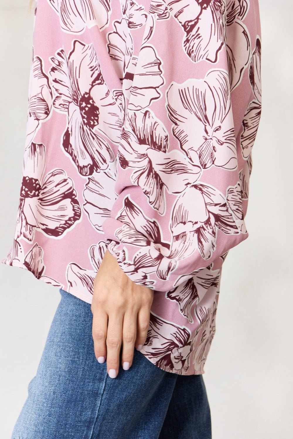 Heimish Full Size Floral V - Neck Balloon Sleeve Blouse - Top - Mauve - Bella Bourget