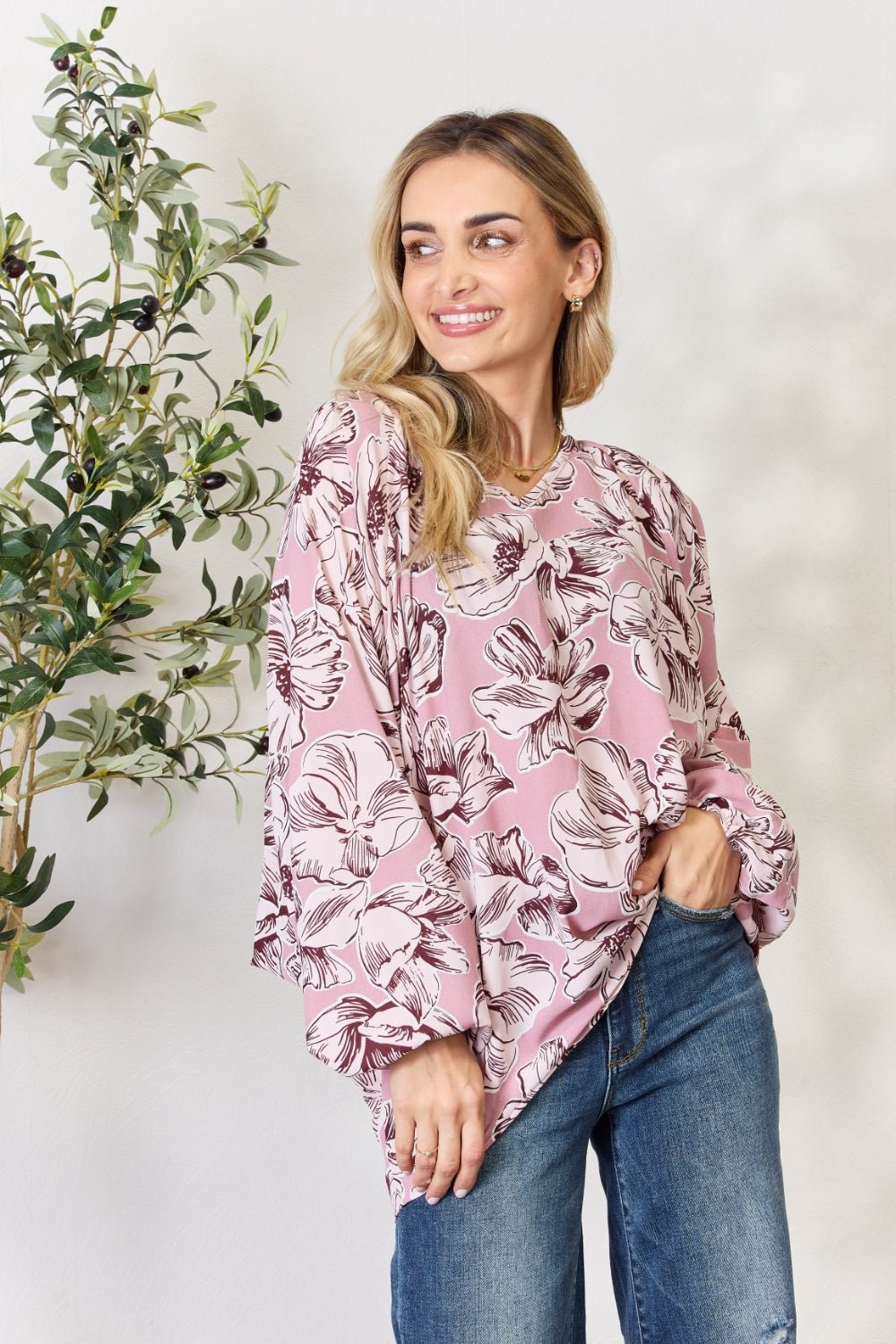 Heimish Full Size Floral V - Neck Balloon Sleeve Blouse - Top - Mauve - Bella Bourget