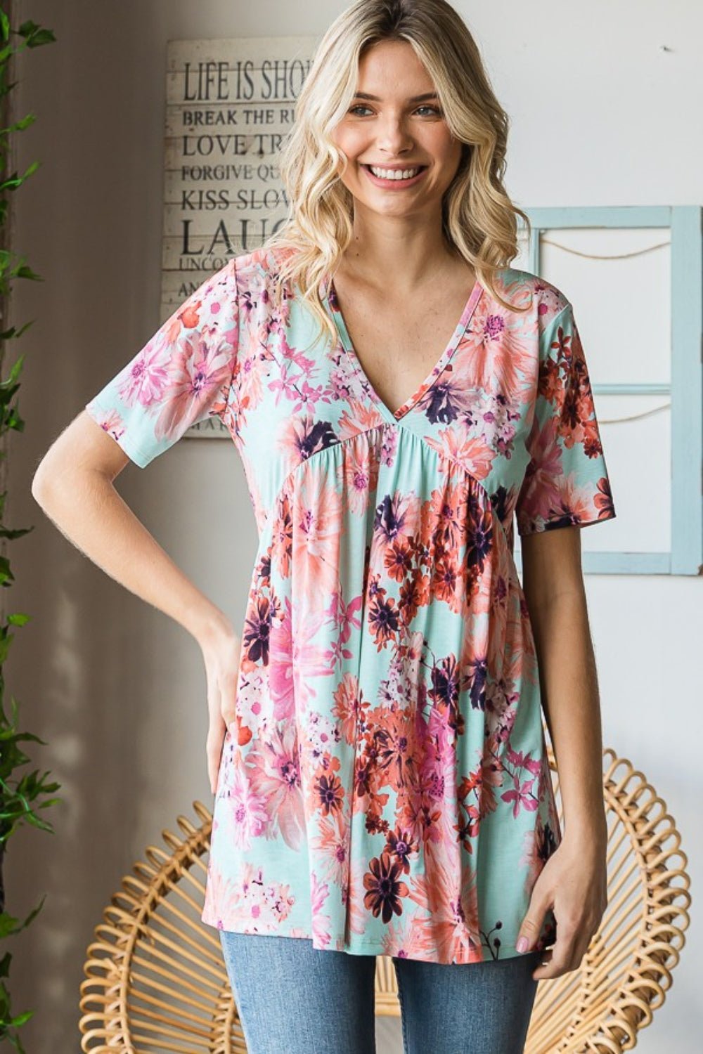 Heimish Full Size Floral V - Neck Short Sleeve Babydoll Blouse - Blouse - MINT - Bella Bourget