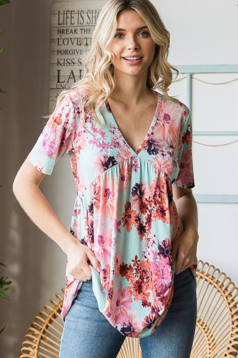 Heimish Full Size Floral V - Neck Short Sleeve Babydoll Blouse - Blouse - MINT - Bella Bourget