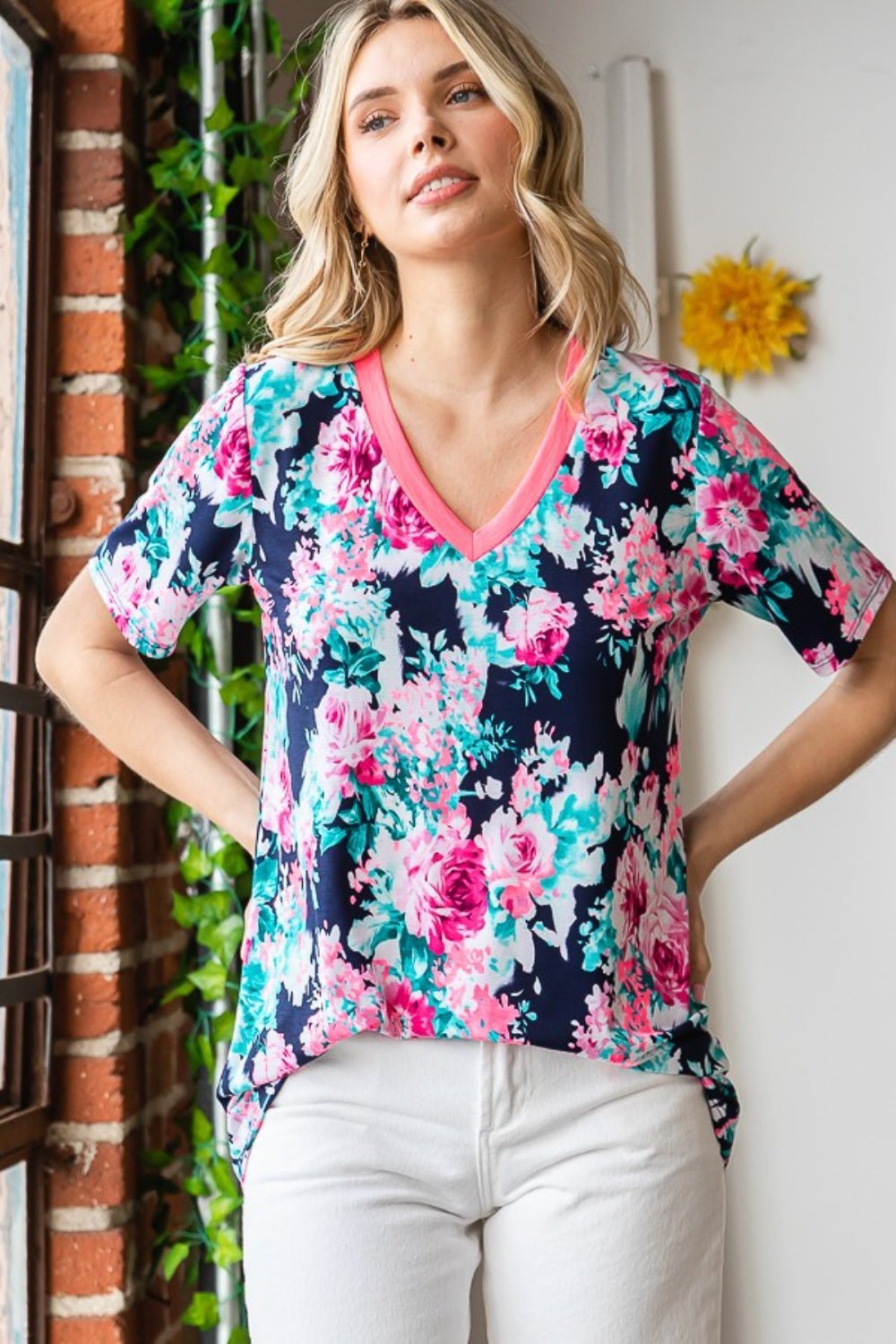 Heimish Full Size Floral V - Neck Short Sleeve T - Shirt - Top - NAVY NEONPINK - Bella Bourget