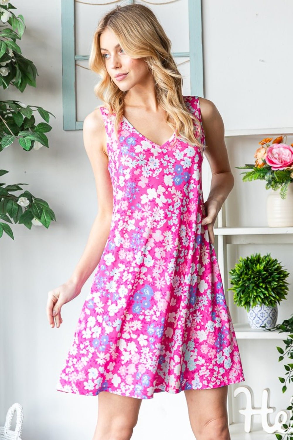 Heimish Full Size Floral V - Neck Tank Dress with Pockets - Day Dress - Fuchsia Multi - Bella Bourget